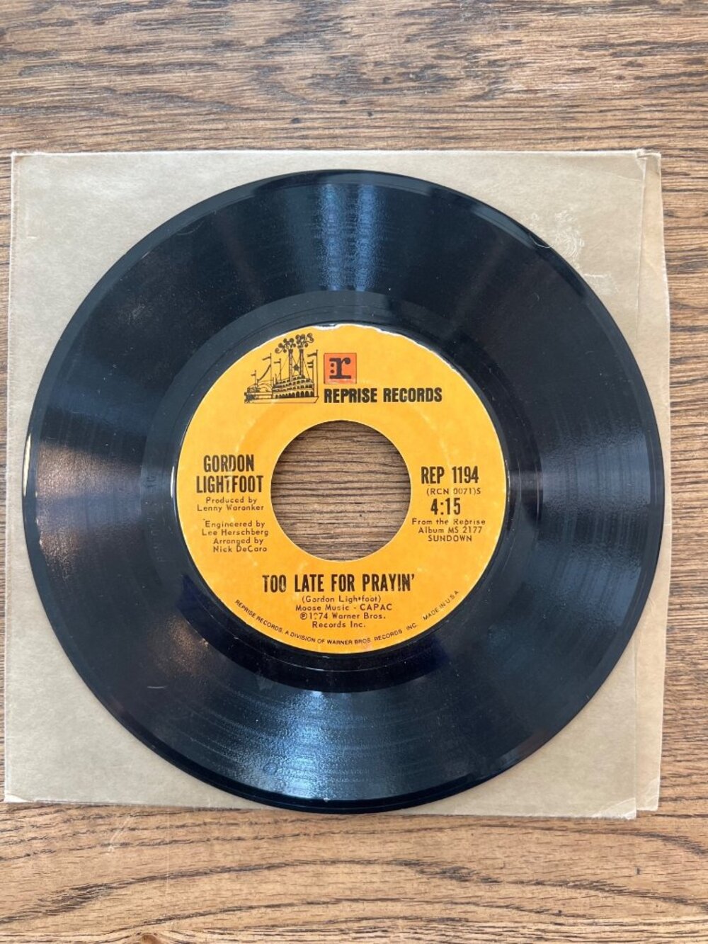 Gordon Lightfoot Sundown / Too Late For Prayin’ Reprise Records REP 1194 45 RPM